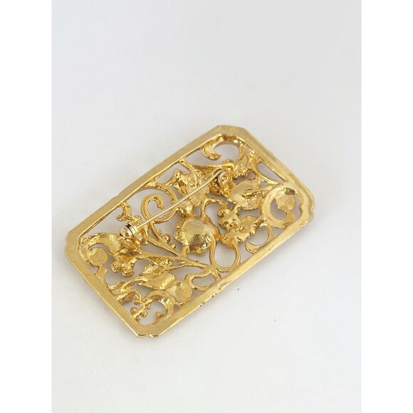 Vintage Goldtone Floral and Leaf Rectangle Brooch - Picture 2 of 6